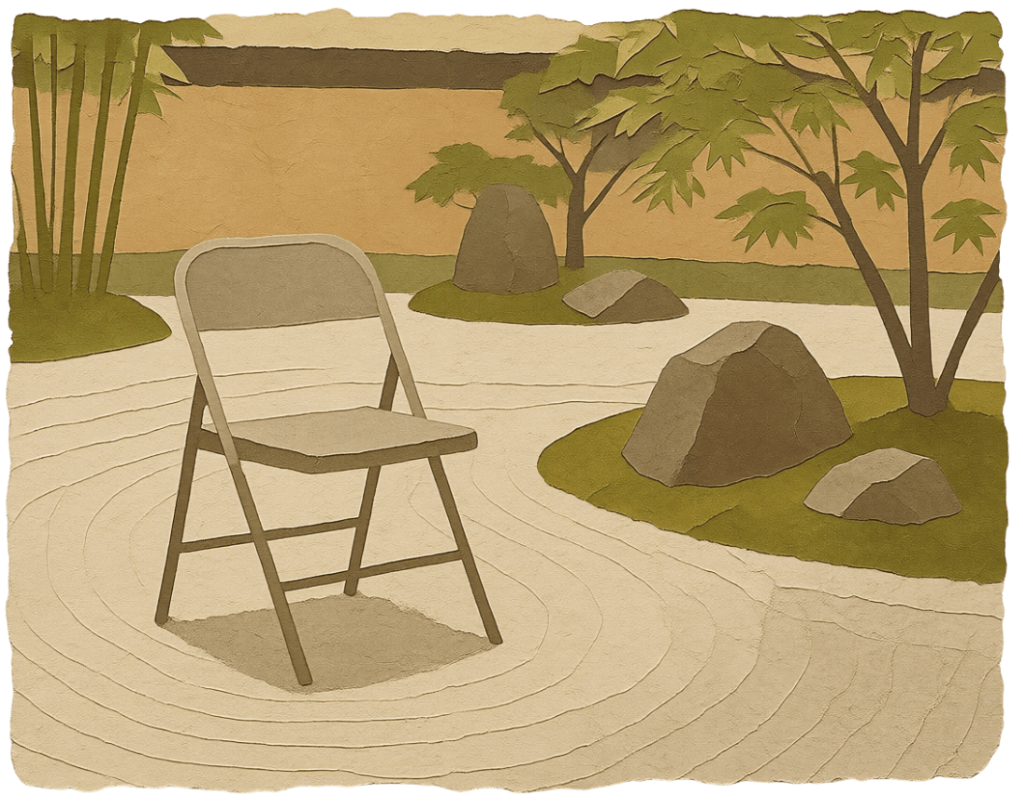 steel folding chair in a zen garden